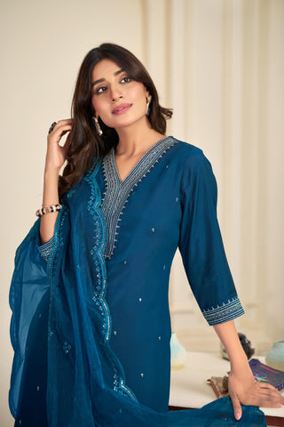 Ragini Teal Resham Thread & Sequin Embroidered Kurta Set with Sequin Dupatta in Chanderi Silk with Cotton Mul Lining