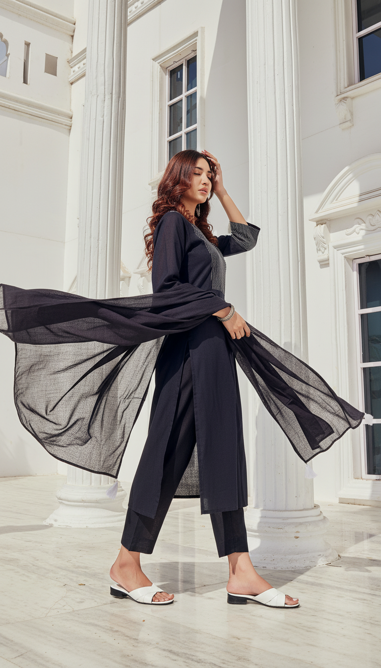 Pure Cotton  Linen Khushi Black Kurta Set with Dupatta FeaturingThread Embroidery on Neckline and Cuffs with Tassel Detailing and Cotton Lining