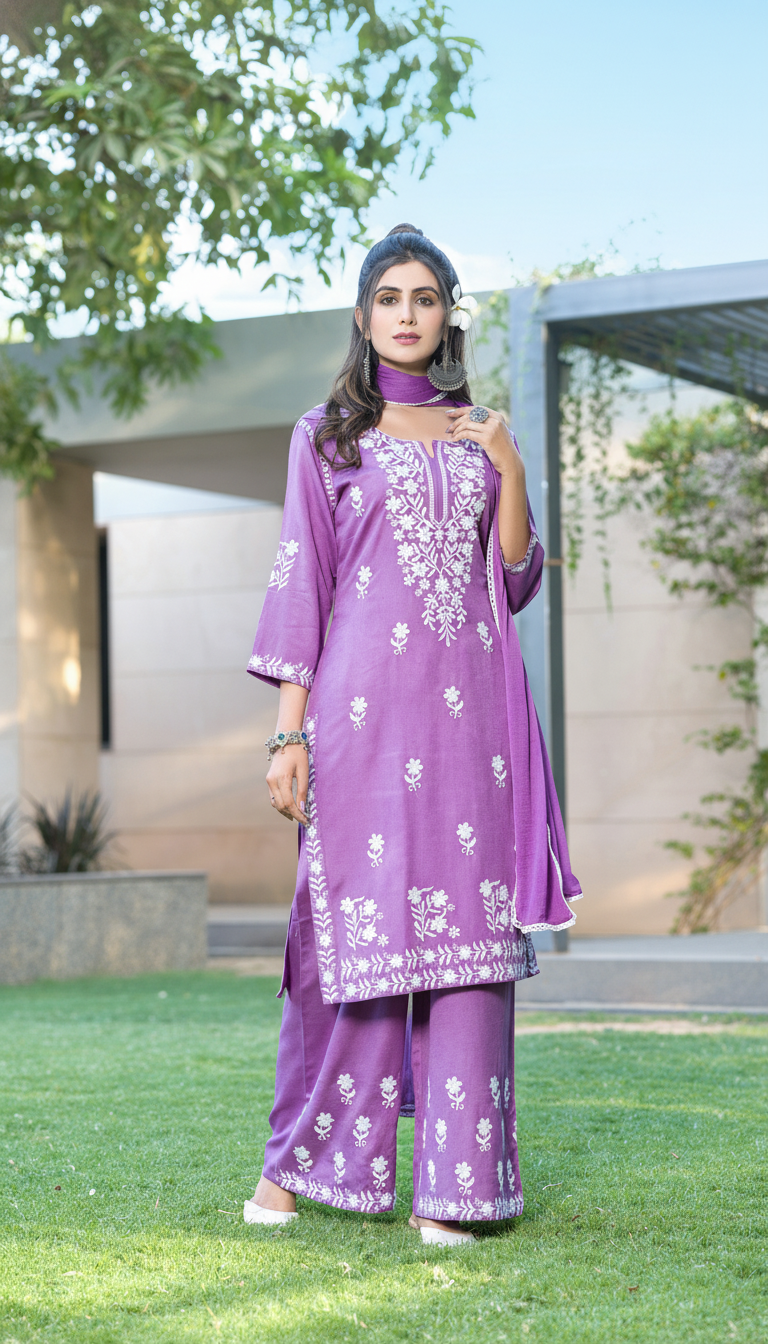Meher Purple Rayon Kurta Set with Chikankari White Floral Embroidery and Dupatta