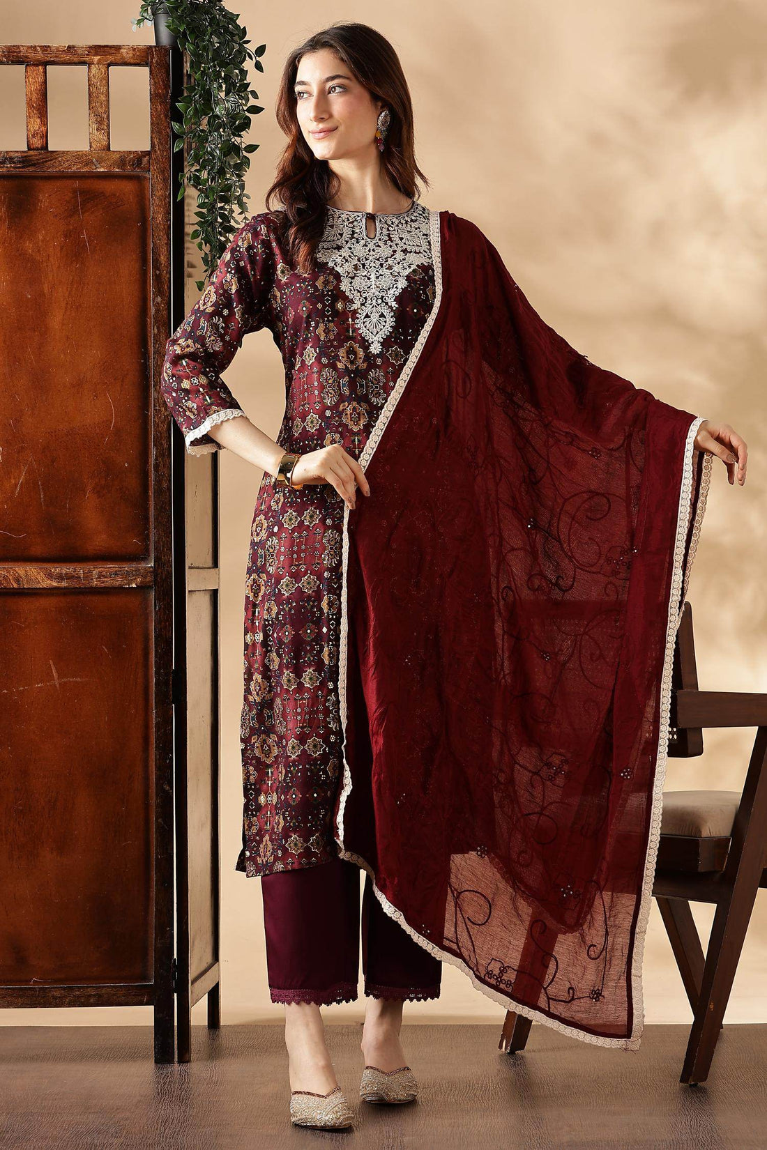 Anjali Wine Rayon Kurta Set with Dupatta - BulBul