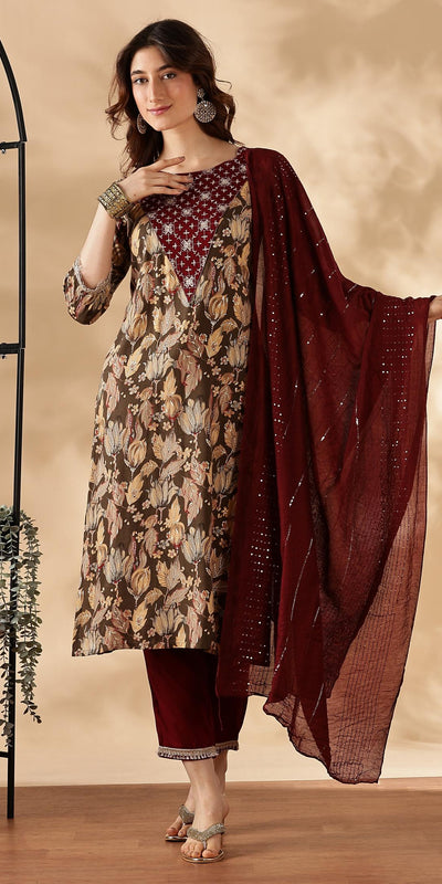 BulBul Areba Printed Wine & Teal Rayon Salwar Suit