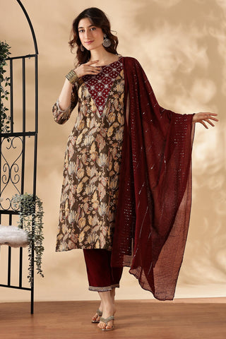 Areba Wine & Teal Printed Salwar Suit with Intricate Zari Lattice Hand Embroidery Neck Panel in Viscose