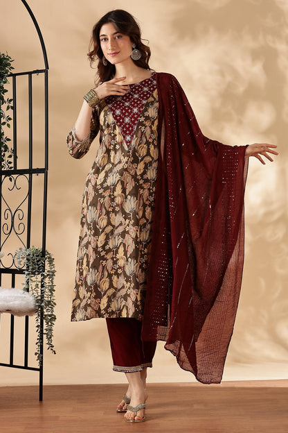 Areba Wine & Teal Printed Salwar Suit with Intricate Zari Lattice Hand Embroidery Neck Panel in Viscose