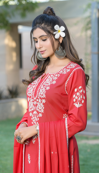 Akshyani Rust Embroidered Viscose Kurta Set with Intricate White Chikankari Style Detailing and Dupatta