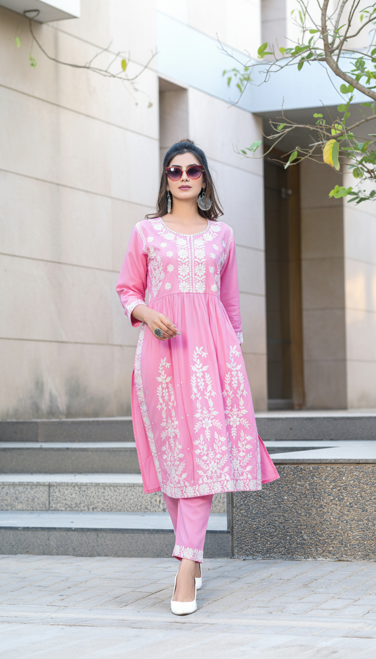 Arushi Pink Rayon Kurta Set with Lucknawi Work