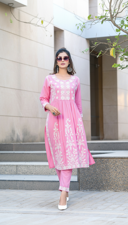 Arushi Blush Pink Embroidered Viscose Kurta Set with Lucknowi Inspired Floral Jaal Work