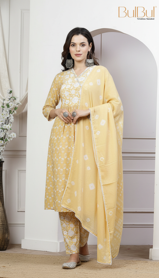 Pure Cotton Gulfam Off White Floral Printed Kurta Set with Cotton Mul Lining, Glass Bugle Handwork Neckline and Dupatta