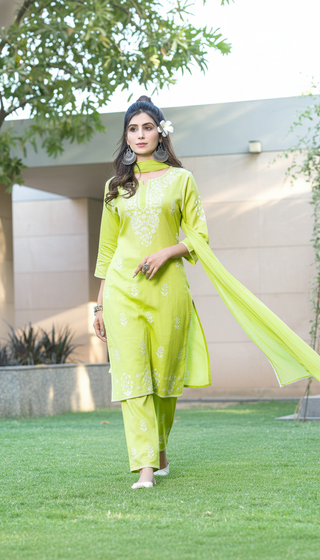 Akshyani Green Embroidered Viscose Kurta Set with Intricate White Chikankari Style Detailing and Dupatta