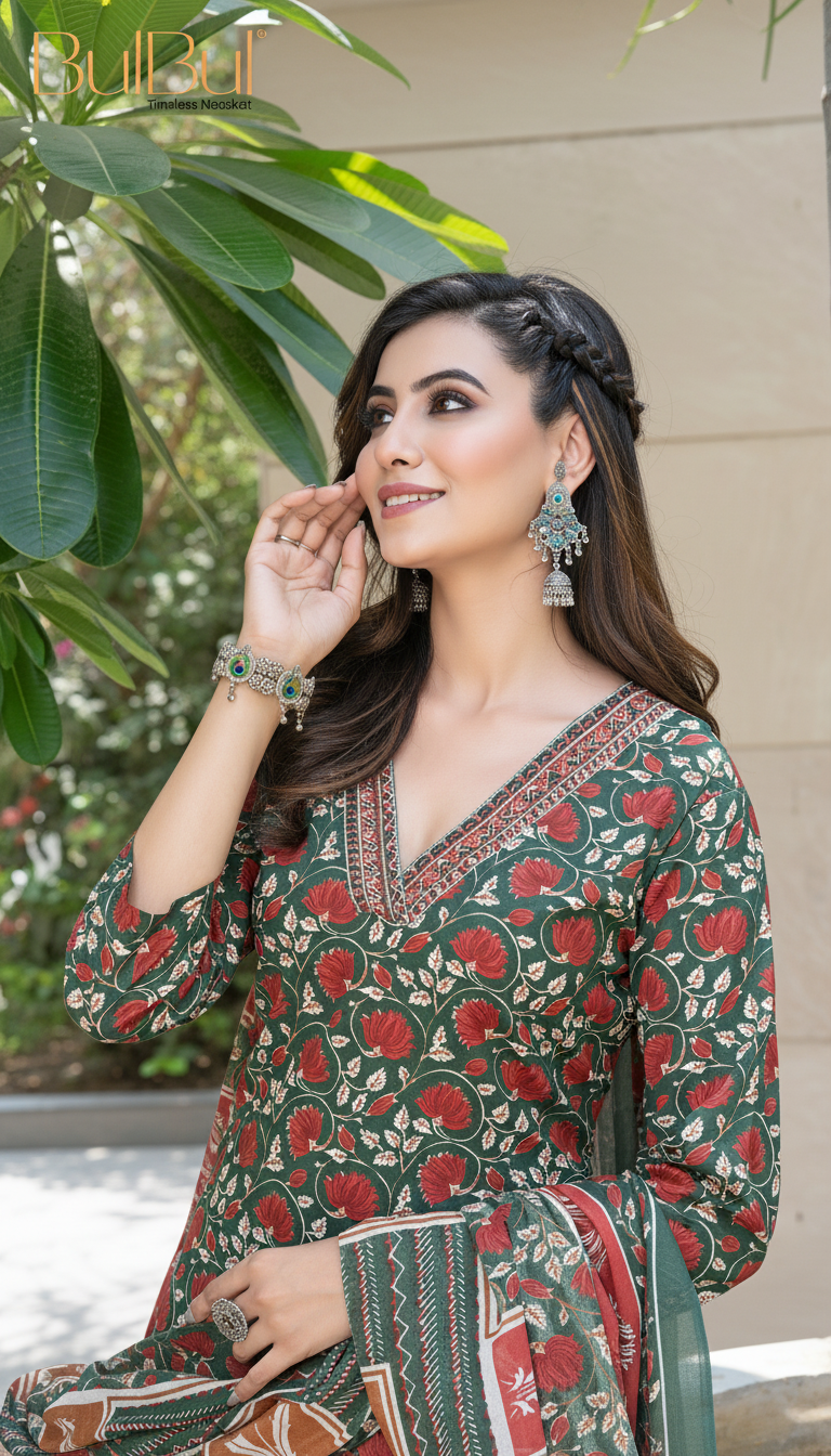 Pure Cotton Fashionista Green Floral Printed Kurta Set with Contrast Thread-Detailed V-Neck and Dupatta