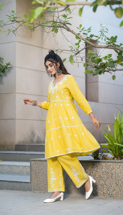 Dhawani Mustard Viscose Co-Ord Set with White Floral Thread Embroidery