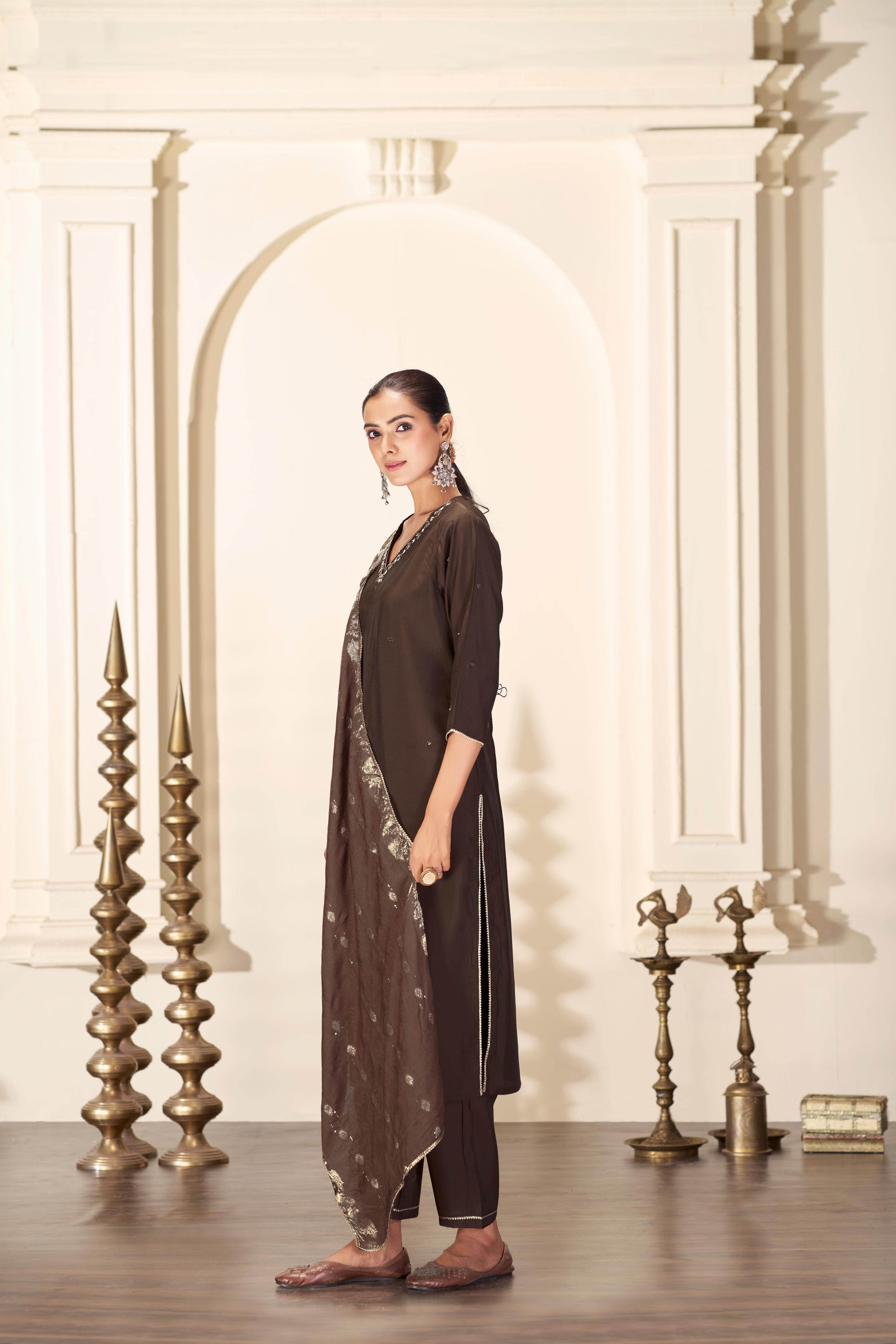 Nirjari Brown Silk Kurta Set with Dupatta - BulBul