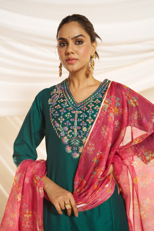 Kayra Green Multicolor Hand Embroidered Straight Fit Suit Set in Chinnon Silk with Pure Cotton Mul Lining