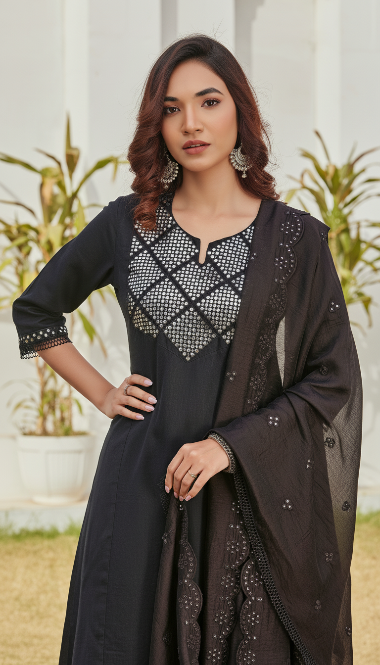Maryam Black Pure Cotton  Linen Kurta Set with Dupatta Featuring Hand Embroidered Mirror Work Neckline with Cotton Mul Lining