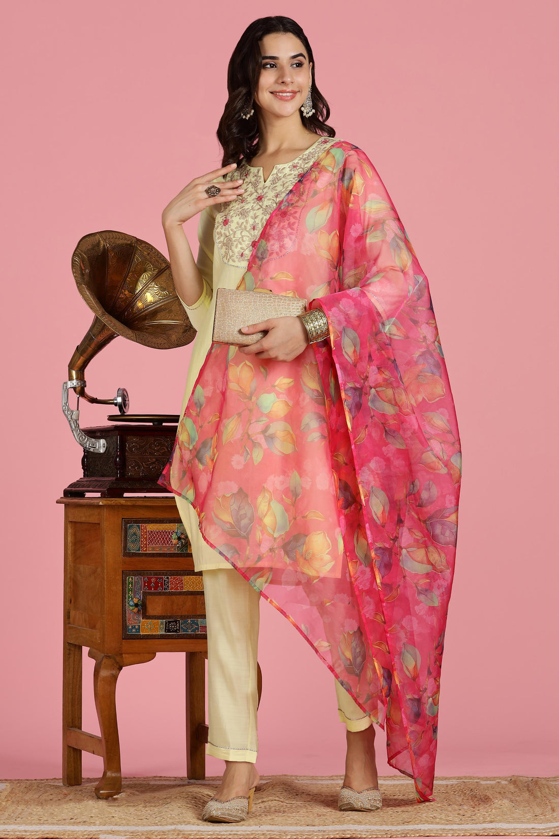 Butter Yellow Chanderi Silk Kurta Set with Resham Zari Floral Embroidered Yoke and Printed Organza Dupatta