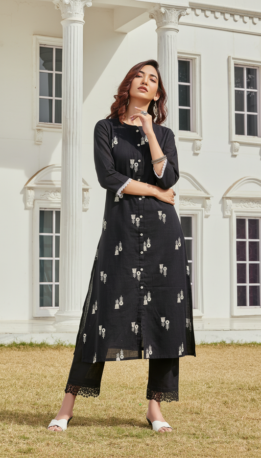Rashmika Pure Cotton  Linen Black Kurta Set with Classic Embroidered Buti Accents
