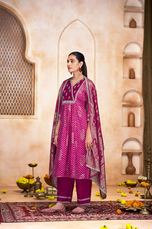 Rashmi Fuchsia Hand Embellished Multicolor Bead and Sequins Work Suit Set in Chanderi Silk with Pure Cotton Mul Lining