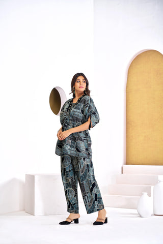 Hetal Black Heritage Print Modal Chanderi Co-Ord Set with Bead, Patti Sequin and Crystal Appliqué Neckwork