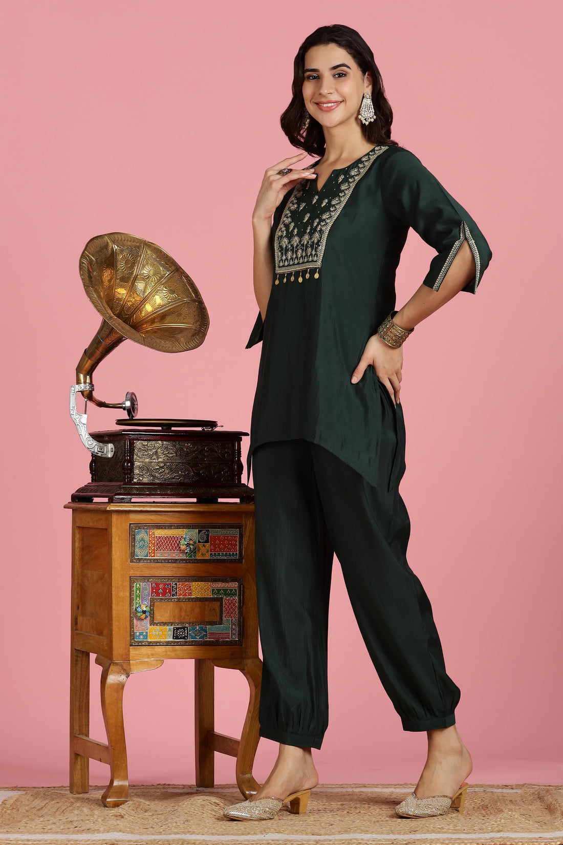 Dark Green Solid Chanderi Silk Kurta Set with Zari Thread Embroidered Yoke and Coin Embellishment Detailing