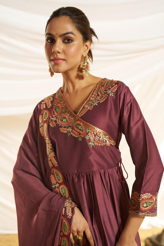 Kayra Wine Paisley Hand-Embroidered & Coin Sequin Work Angrakha Suit Set in Chinnon Silk with Cotton Mul Lining