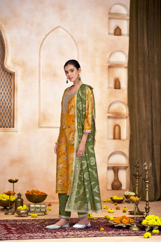 Rashmi Mustard Hand Zari and Sequins Embellished Work Suit Set in Chanderi Silk with Pure Cotton Mul Lining