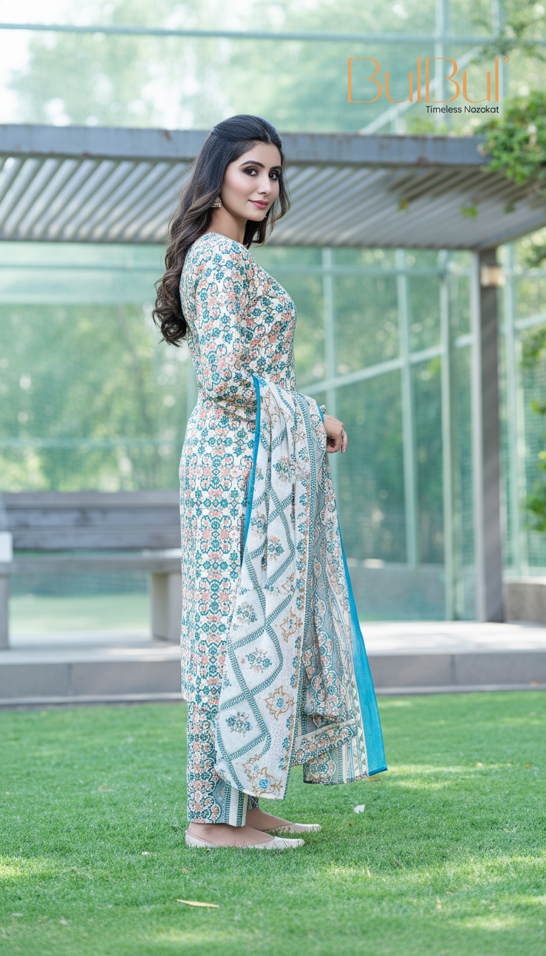 Pure Cotton Green-Blue Printed Kurta Set with Subtle Sequin Detail & Dupatta