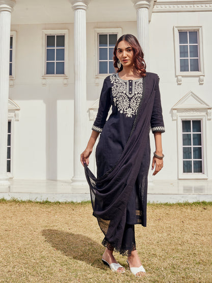 Samantha Black Pure Cotton Linen Kurta Set with Chikankari Floral Embroidered Neckline and Cotton Mul Lining