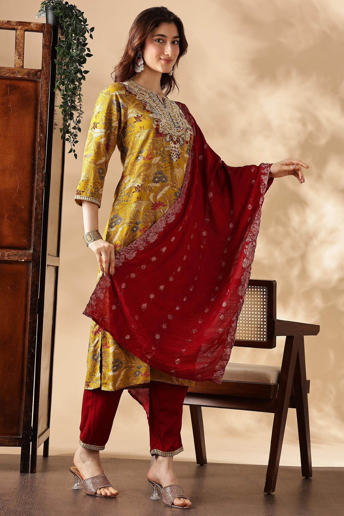 Alfina Yellow Rayon Kurta Set with Dupatta - BulBul