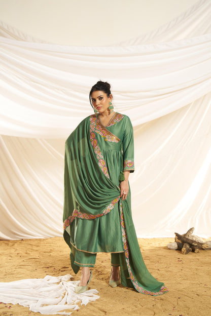 Kayra Green Paisley Hand-Embroidered & Coin Sequin Work Angrakha Suit Set in Chinnon Silk with Cotton Mul Lining