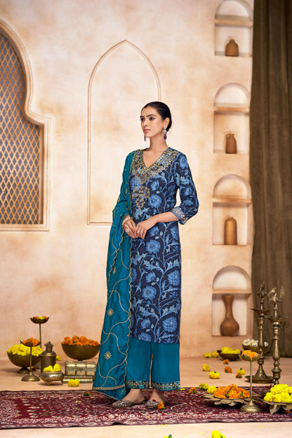 Rashmi Navy Hand Sequins and Bead Embellished Neckline and Zari Work Suit Set in Chanderi Silk with Pure Cotton Mul Lining