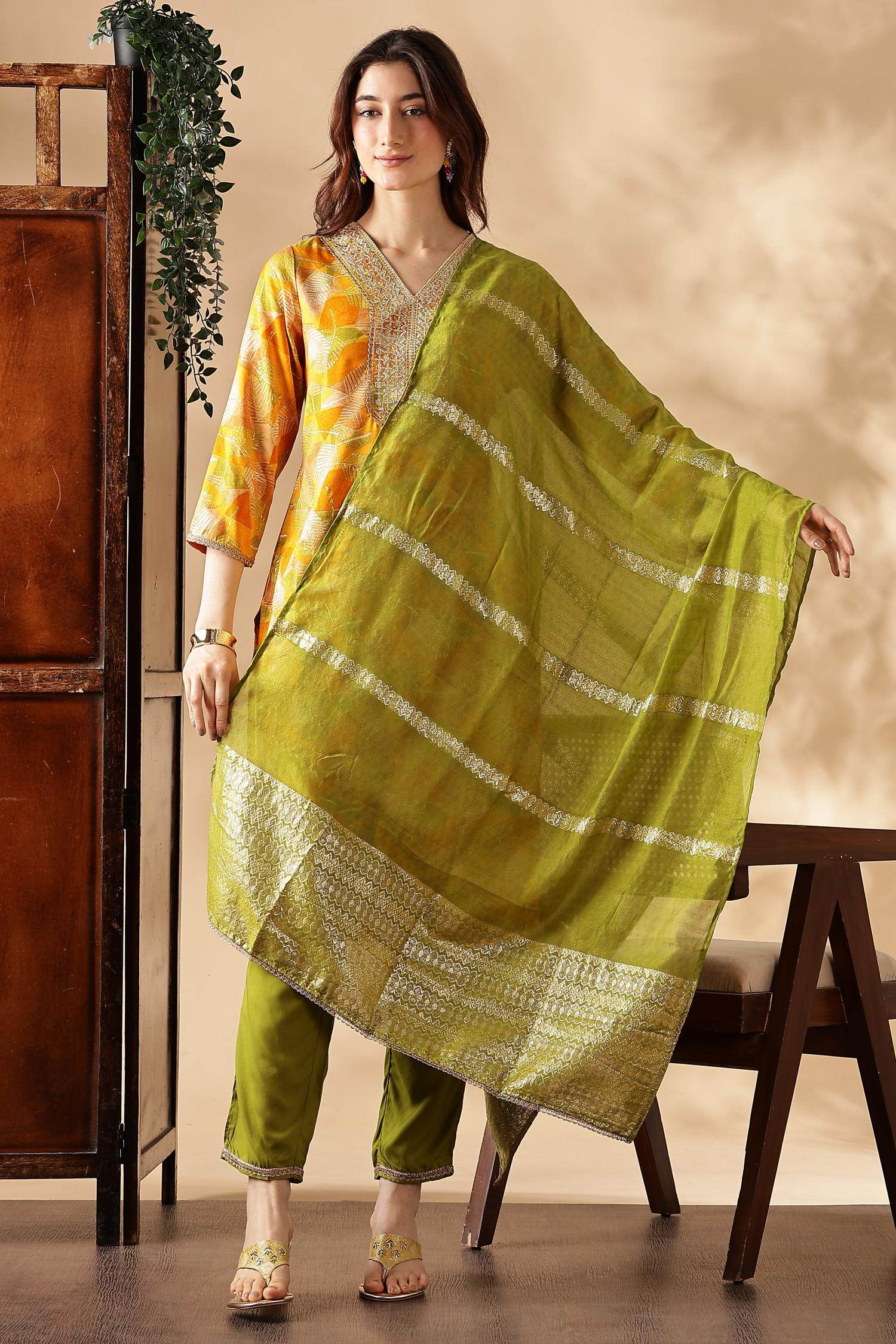 Darshita Mustard Rayon Kurta Set with Dupatta - BulBul
