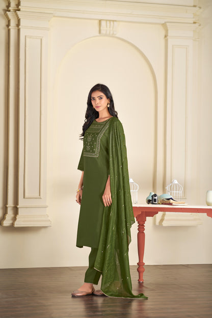 Aadvi Green Handcrafted Sequin & Thread Embroidered Yoke Design Salwar Suit with Sequin Dupatta in Chanderi Silk with Cotton Mul Lining