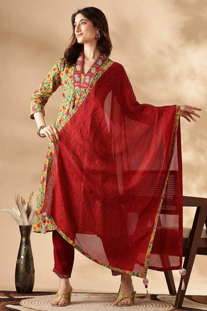 Anupriya Cotton Mustard Kurta Set with Dupatta - BulBul