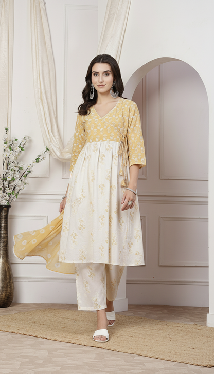 Nisha Off White Floral Printed Pure Cotton Angrakha Kurta Set with Cotton Mul Lining and Subtle Glass Bugle Handwork with Dupatta