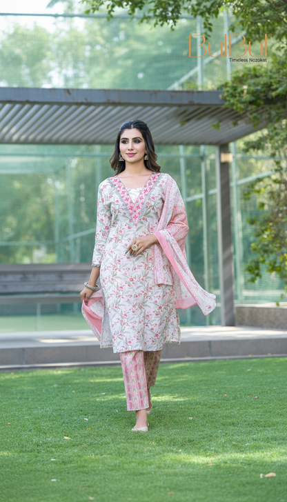 Pure Cotton Fashionista Red Floral Printed Kurta Set with Mirror & Thread Embroidered Neckline