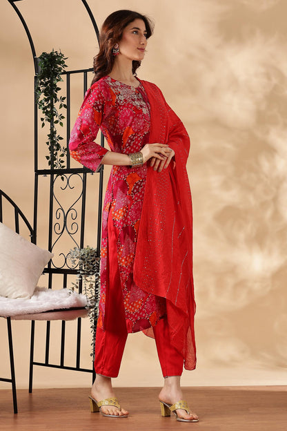 Kamolika Printed Fuschia Salwar Suit with Hand Zari Thread Embroidered Neckline in Viscose