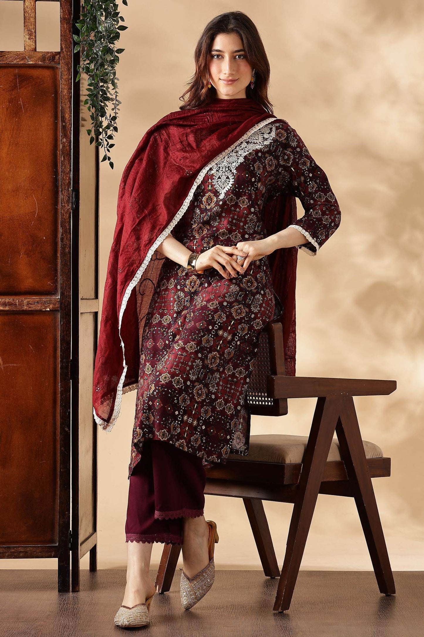 Anjali Wine Rayon Kurta Set with Dupatta - BulBul