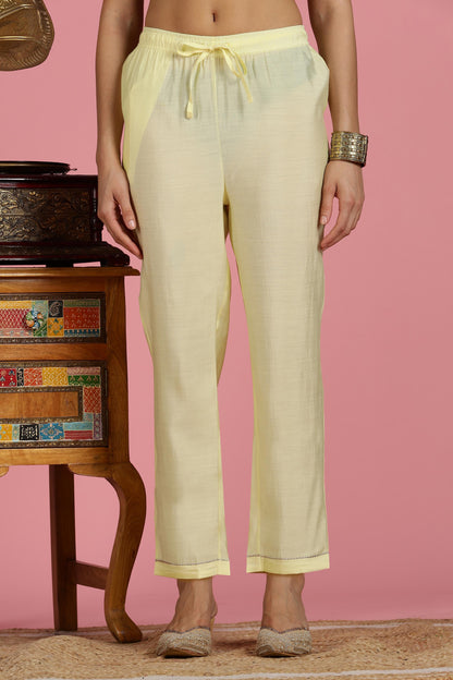 Butter Yellow Chanderi Silk Kurta Set with Resham Zari Floral Embroidered Yoke and Printed Organza Dupatta
