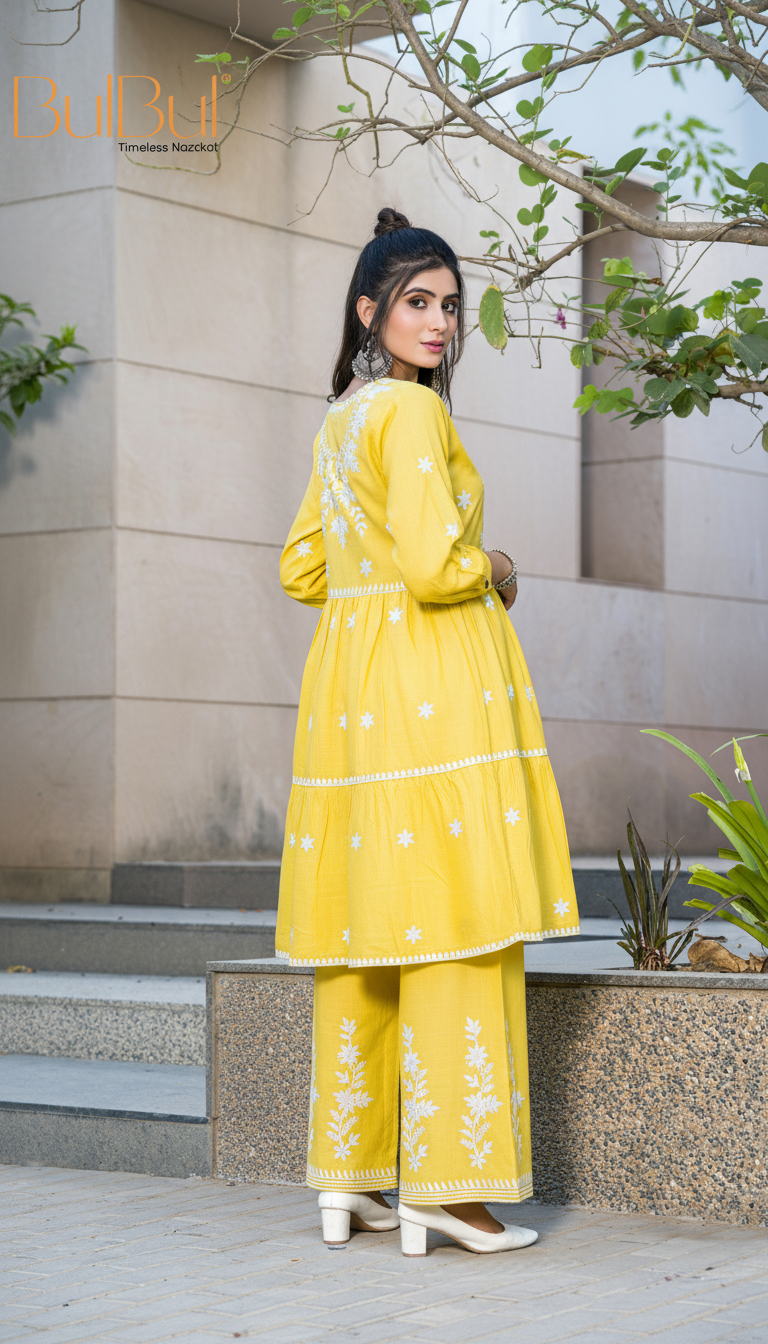 Dhawani Mustard Viscose Co-Ord Set with White Floral Thread Embroidery