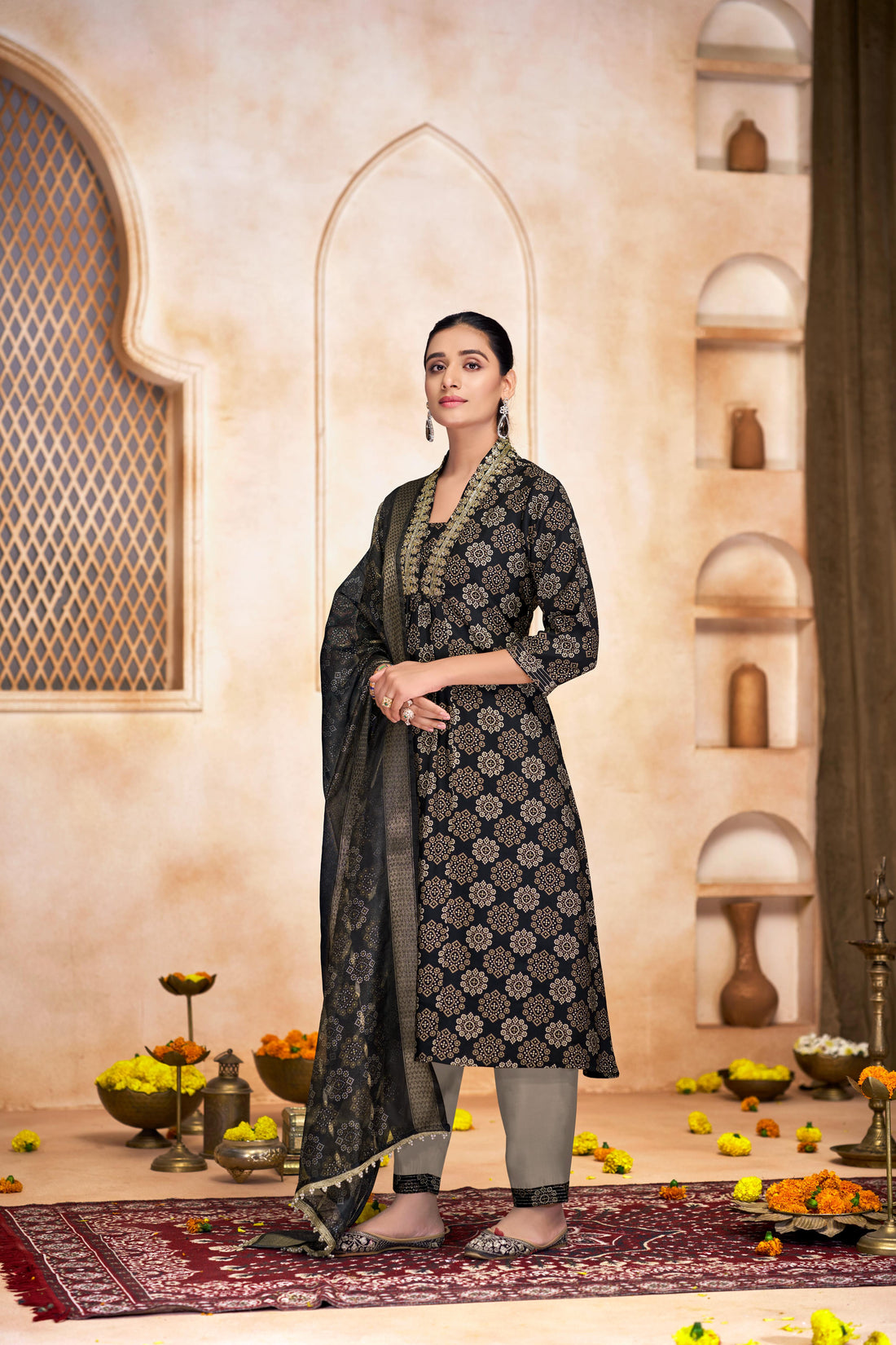 Rashmi Black Ethnic Motif Print Hand Embellished, Sequins and Bugle Bead Work Suit Set in Chanderi Silk with Pure Cotton Mul Lining