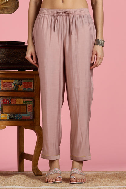 The Suitable Blush Pink Chanderi Silk Kurta Set for Women | Floral Kurta with Zari & Sequin Hand Embellished Neckline | Cotton Mul Lining | Straight Kurta Pant with Dupatta | Festive Ethnic Suit Set