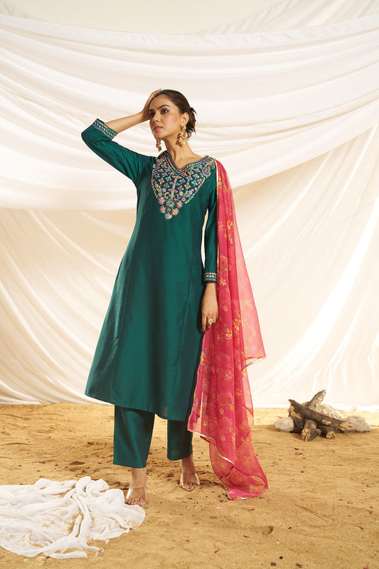 Kayra Green Multicolor Hand Embroidered Straight Fit Suit Set in Chinnon Silk with Pure Cotton Mul Lining