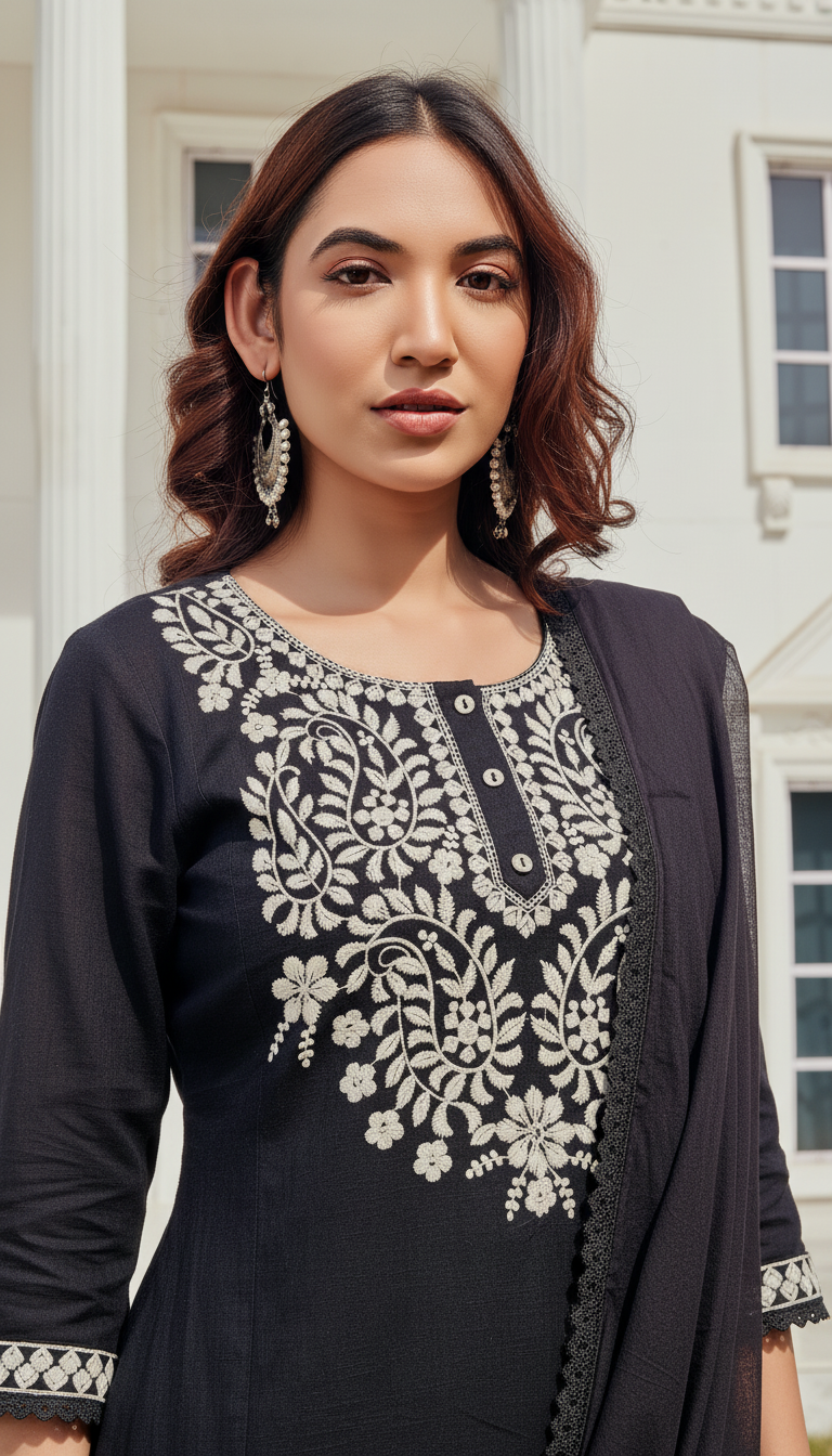 Samantha Black Pure Cotton Linen Kurta Set with Chikankari Floral Embroidered Neckline and Cotton Mul Lining