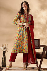 Pure Cotton Anupriya Mustard Floral Printed Kurta Set with Resham Thread Embroidered Neckline and Handcrafted Mirror Work with Dupatta