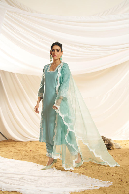 Kayra Aqua Hand Aari Embroidered A-Line Suit Set in Chinnon Silk with Pure Cotton Mul Lining