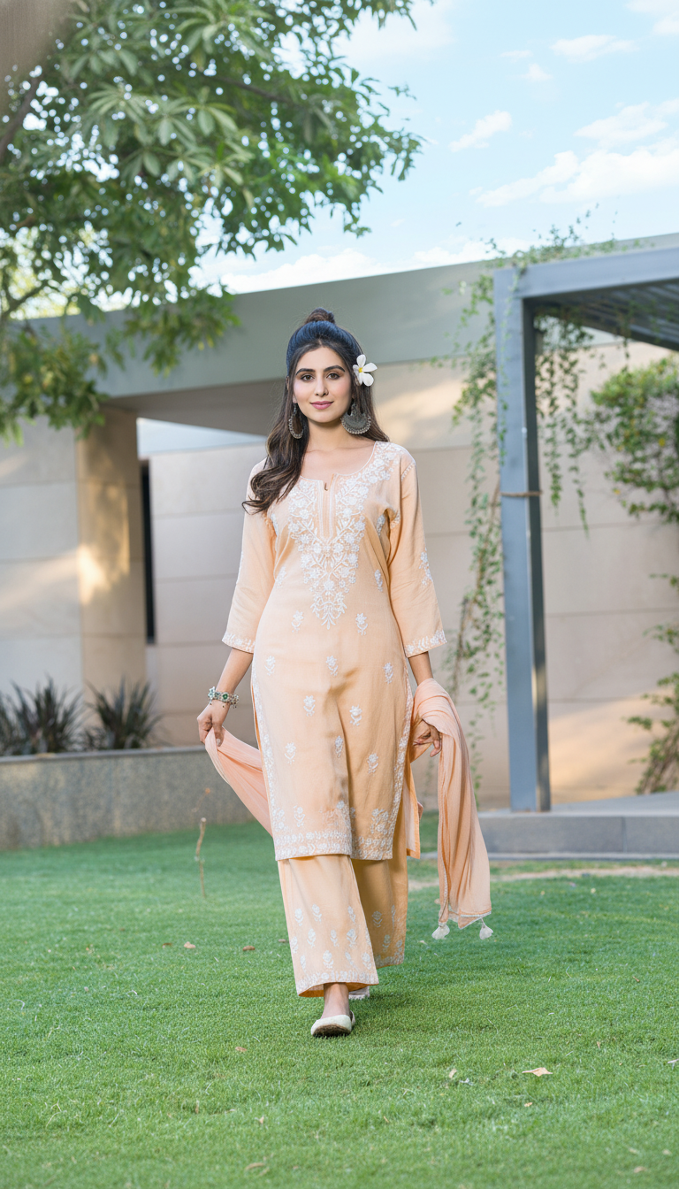 Meher Peach Rayon Kurta Set with Chikankari White Floral Embroidery and Dupatta