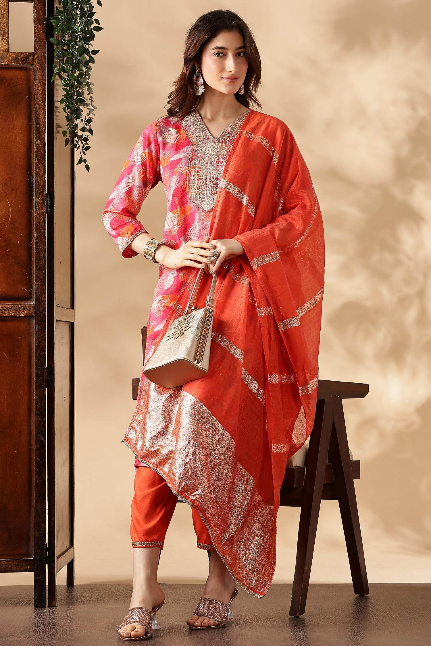Darshita Fuschia Rayon Kurta Set with Dupatta - BulBul