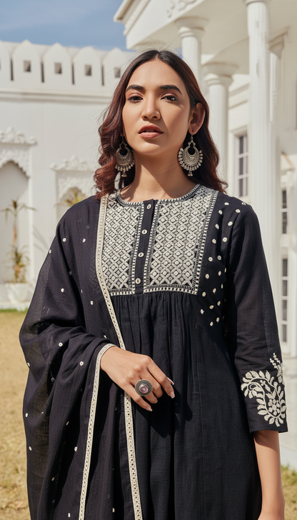 Abhilasha Pure Cotton Linen Black Kurta Set with Intricate Thread Embroidery and Mirror Accents, Embroidered Sleeves and Cotton Mul Lining