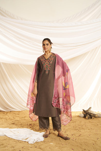 Kayra Brown Hand Bead-Finished Embroidered A-Line Suit Set in Chinnon Silk with Pure Cotton Mul Lining