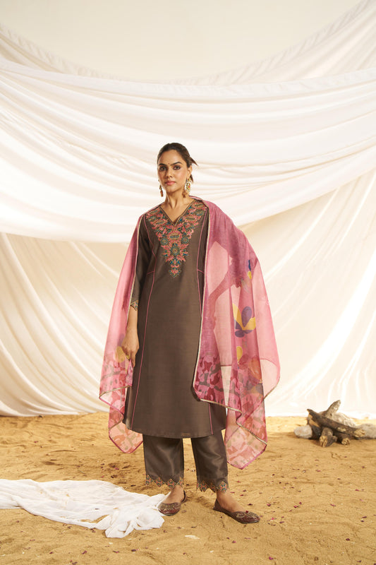 Kayra Brown Hand Bead-Finished Embroidered A-Line Suit Set in Chinnon Silk with Pure Cotton Mul Lining