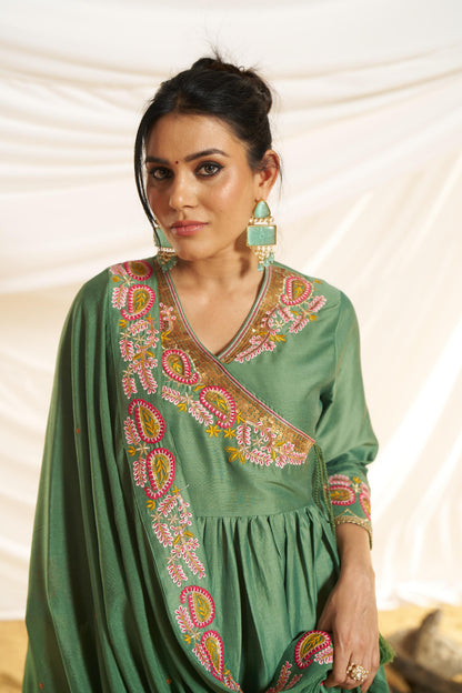 Kayra Green Paisley Hand-Embroidered & Coin Sequin Work Angrakha Suit Set in Chinnon Silk with Cotton Mul Lining